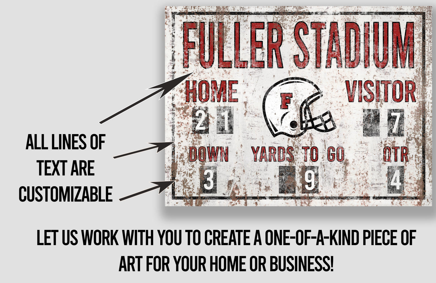 Custom Football Scoreboard Sign Vintage Distressed Rustic Canvas Industrial Game Room Media Nursery Kids Boys Room Decor Rusted Red Stadium
