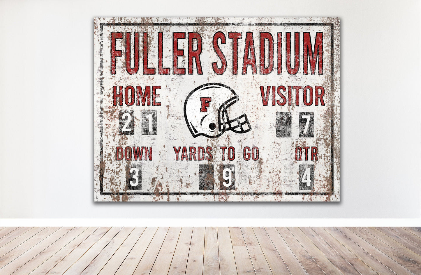 Custom Football Scoreboard Sign Vintage Distressed Rustic Canvas Industrial Game Room Media Nursery Kids Boys Room Decor Rusted Red Stadium