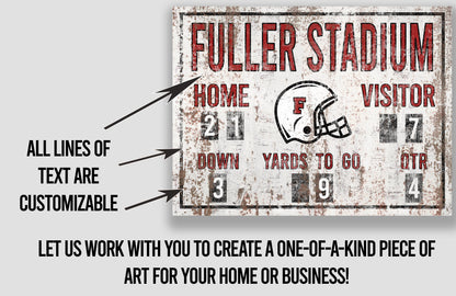 Custom Football Scoreboard Sign Vintage Distressed Rustic Canvas Industrial Game Room Media Nursery Kids Boys Room Decor Rusted Red Stadium
