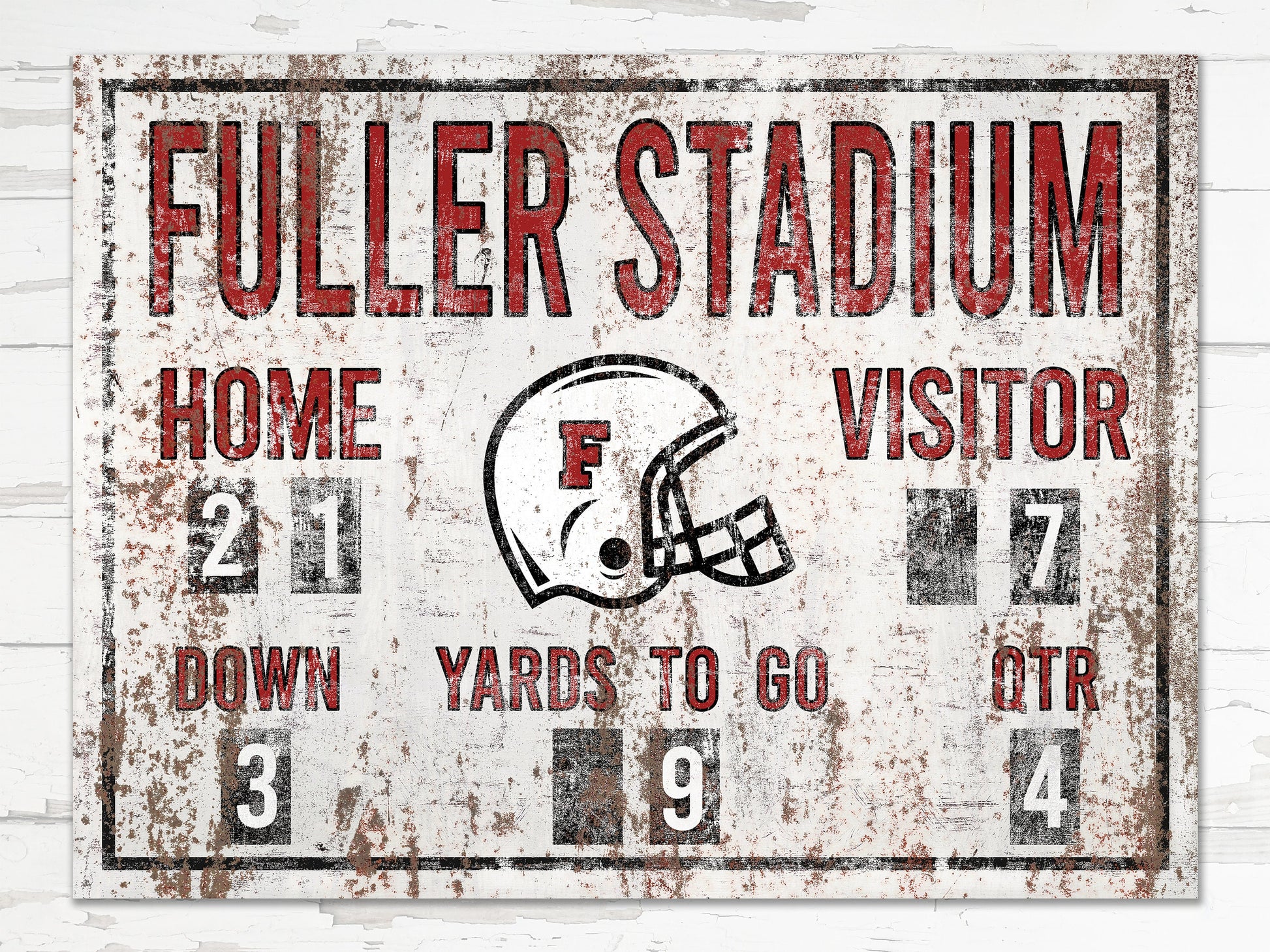 Custom Football Scoreboard Sign Vintage Distressed Rustic Canvas Industrial Game Room Media Nursery Kids Boys Room Decor Rusted Red Stadium