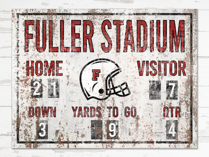 Custom Football Scoreboard Sign Vintage Distressed Rustic Canvas Industrial Game Room Media Nursery Kids Boys Room Decor Rusted Red Stadium