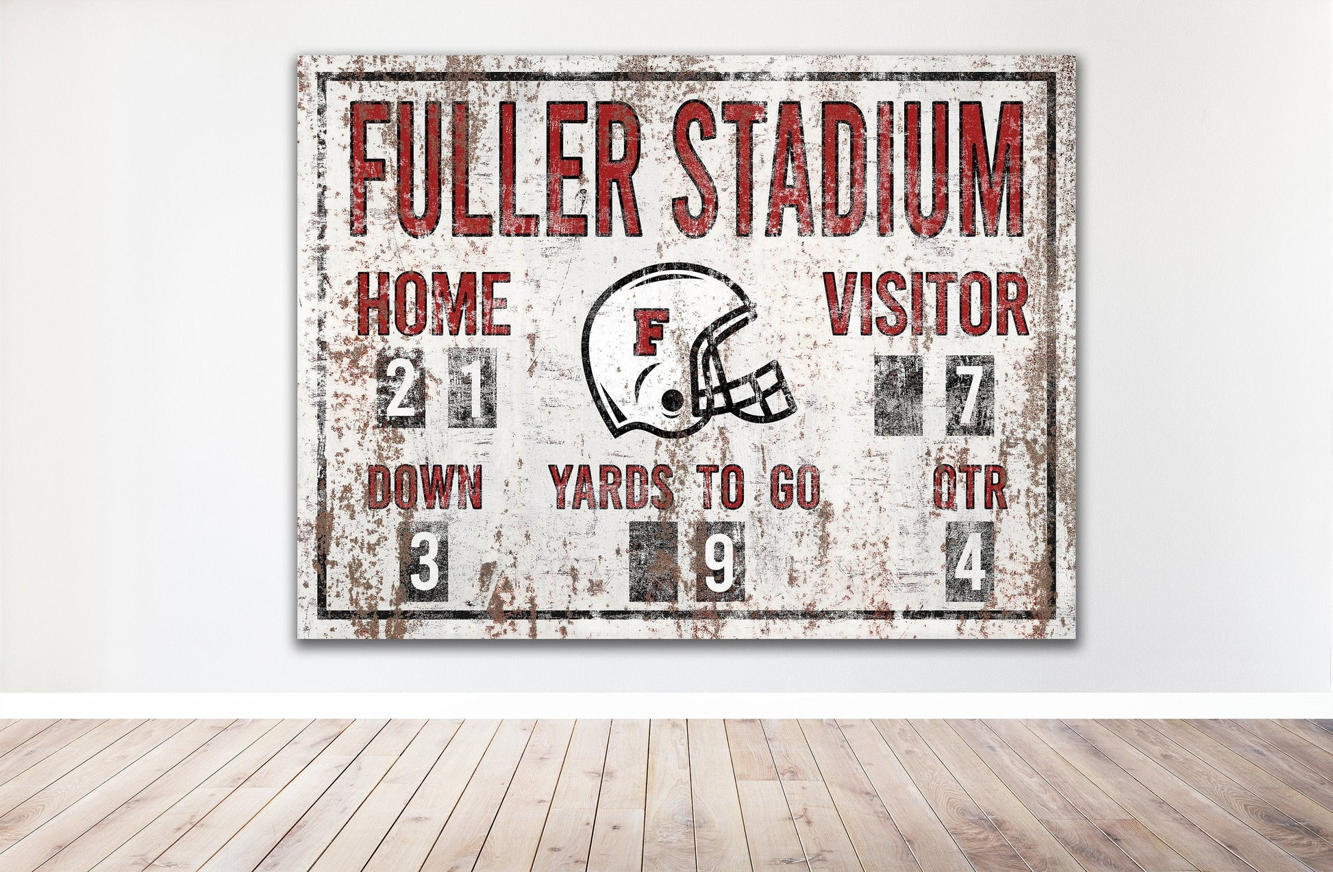 Custom Football Scoreboard Sign Vintage Distressed Rustic Canvas Industrial Game Room Media Nursery Kids Boys Room Decor Rusted Red Stadium