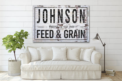 Last Name Sign, Feed and Grain Sign, Farmhouse Sign, Custom Name Sign, Family Name Sign, Canvas Print, Farmhouse Decor, ranch sign