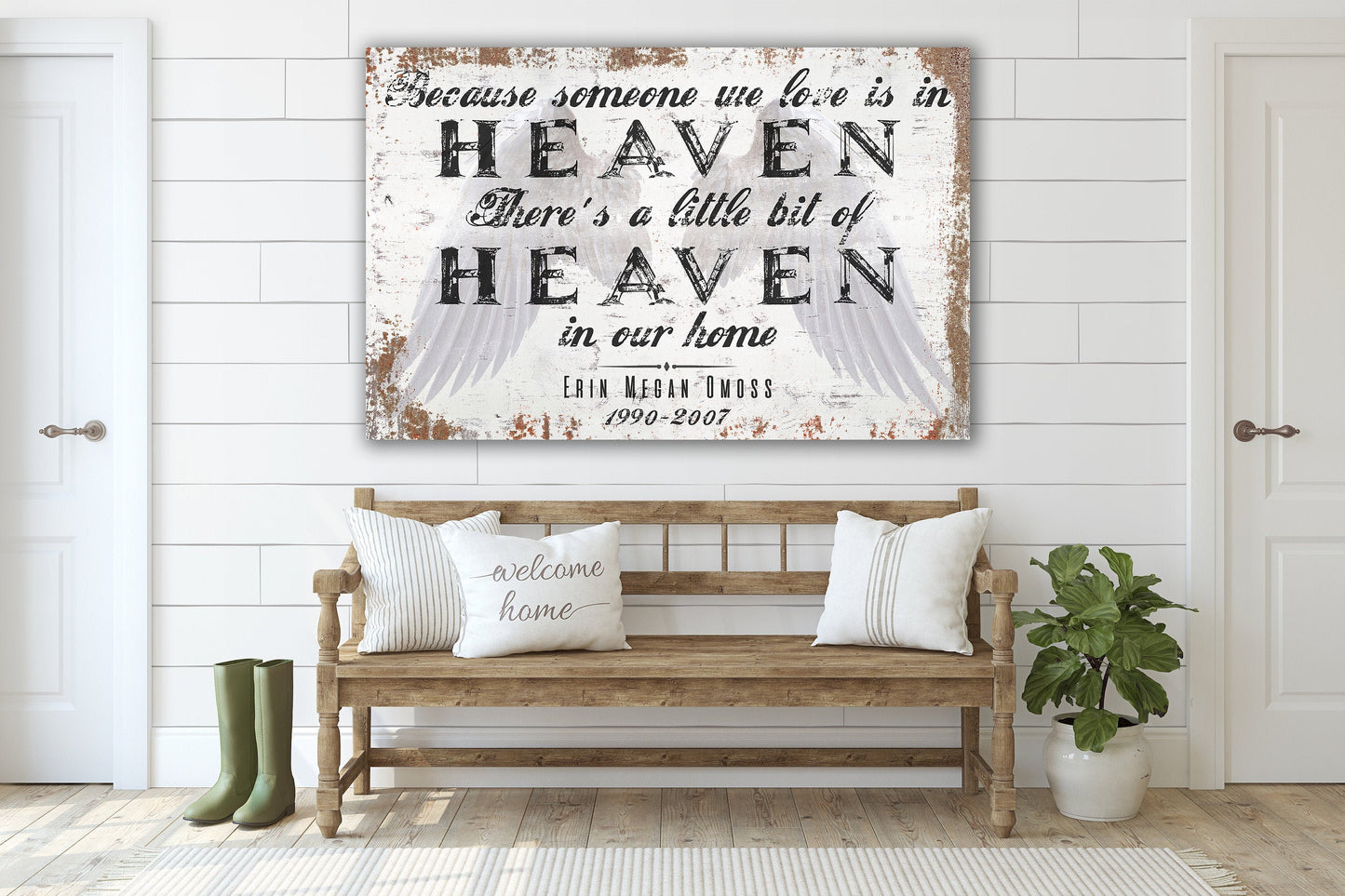 Custom Farmhouse Sign Angel Wings Heaven Faith Canvas Family Name Vintage Distressed Rustic Decor Living Room