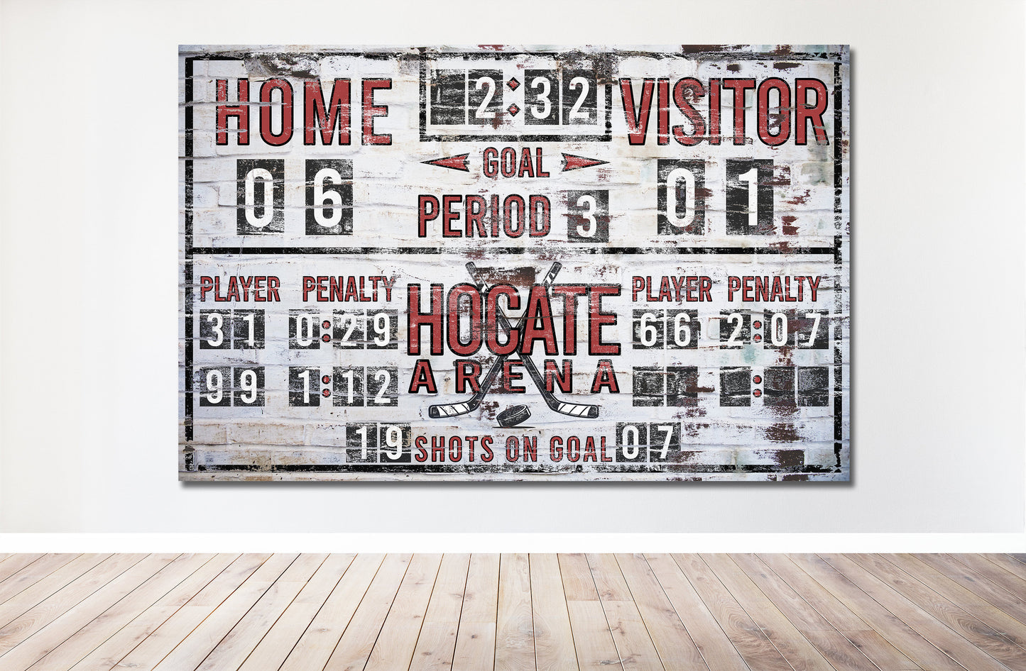 Custom Hockey Scoreboard Sign Vintage Distressed Rustic Canvas Industrial Game Room Media Nursery Kids Room Decor