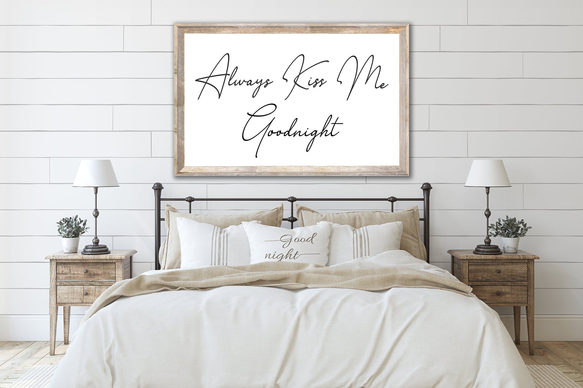 Always Kiss Me Goodnight Sign - Custom Canvas Printed Sign - Modern Farmhouse - Vintage - Barnwood Look - Modern Decor - Wedding Gift