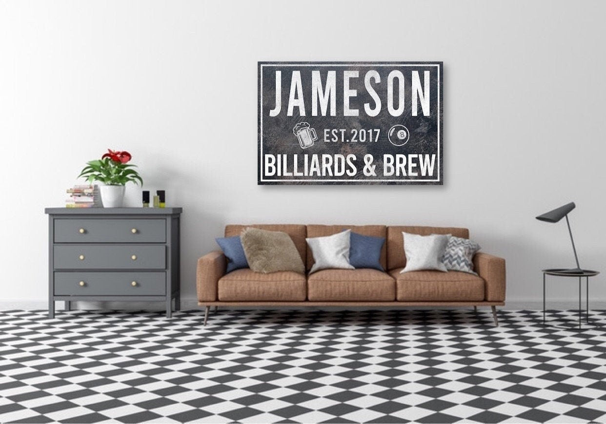 Last Name Sign, Billiards and Brew Sign, Farmhouse Sign, Custom Name Sign, Family Name Sign, Canvas Print, Farmhouse Decor, Game Room Sign