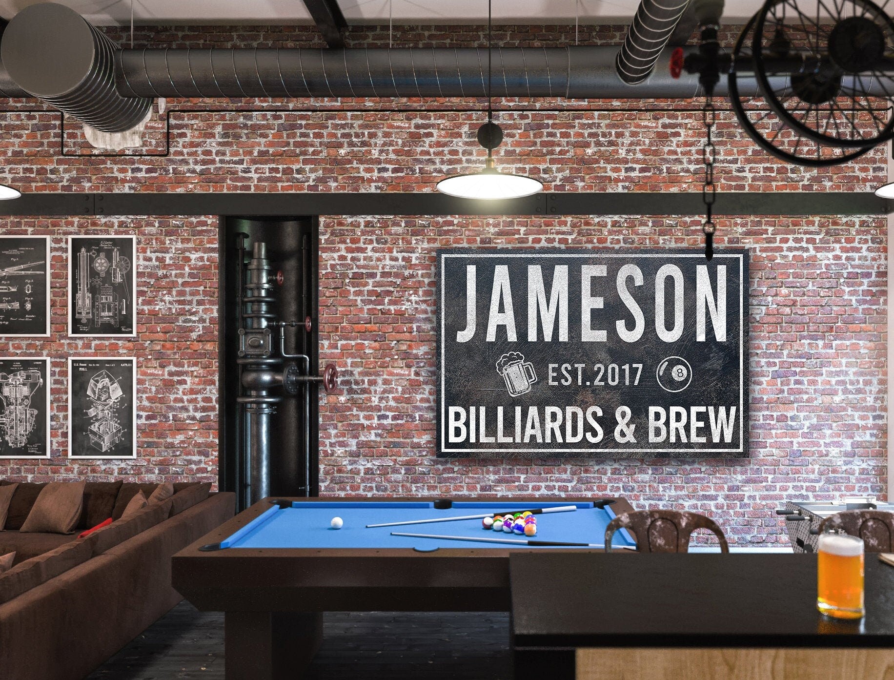 Last Name Sign, Billiards and Brew Sign, Farmhouse Sign, Custom Name Sign, Family Name Sign, Canvas Print, Farmhouse Decor, Game Room Sign