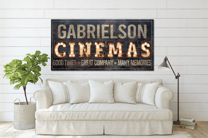 Personalized Cinema Sign, Media Room Decor, Movie Room Sign, Marque Bulb Sign, Movie Theater Sign, Canvas Print, Man Cave Decor, Box Office