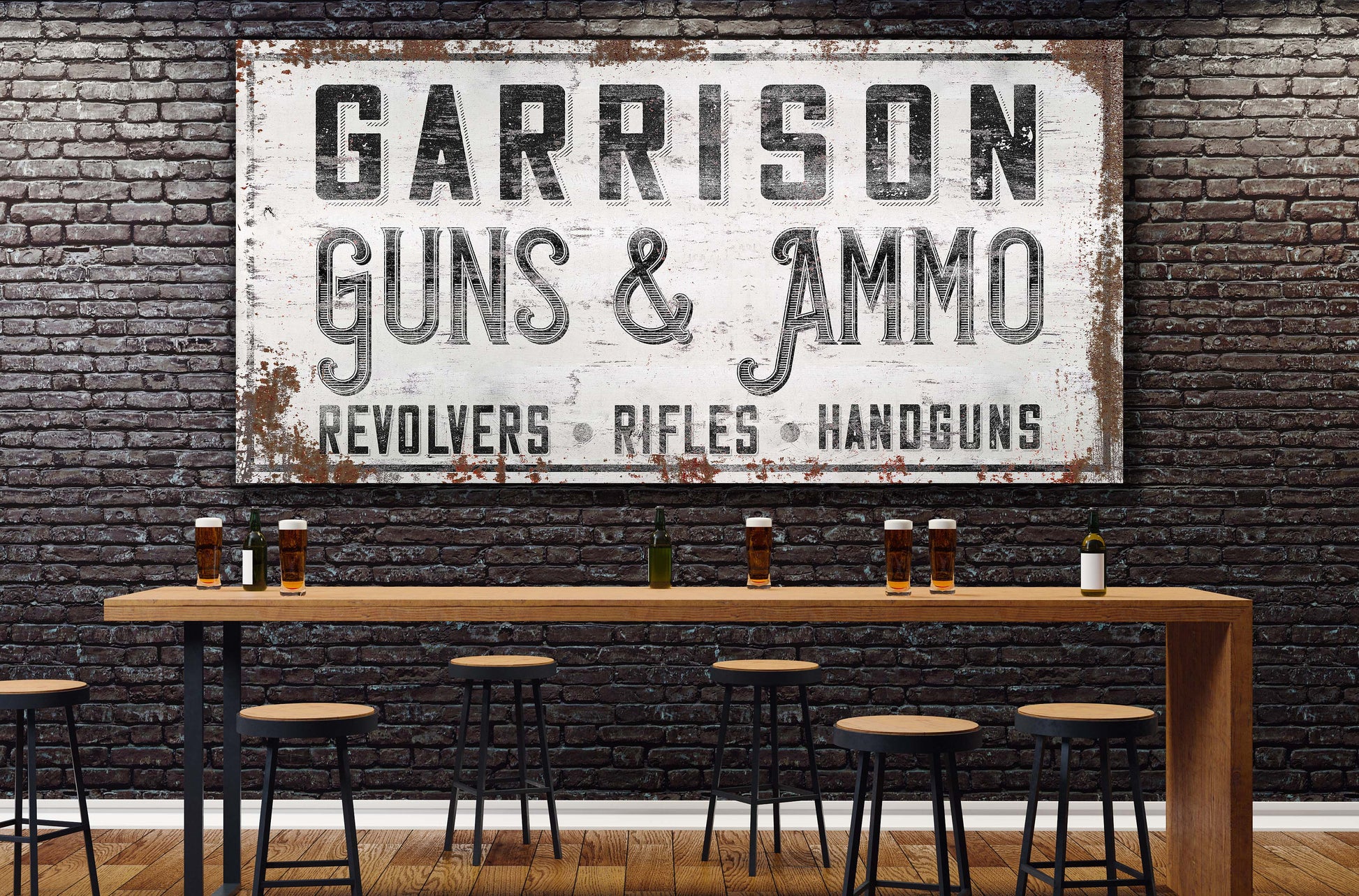 Personalized Sign, Guns and Ammo, Man Cave, Whiskey Bar, Gun Room, Custom Gun Sign, Cabin Decor, Canvas, Hunting Decor, Gunsmith, Gun Range