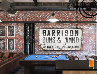 Personalized Sign, Guns and Ammo, Man Cave, Whiskey Bar, Gun Room, Custom Gun Sign, Cabin Decor, Canvas, Hunting Decor, Gunsmith, Gun Range