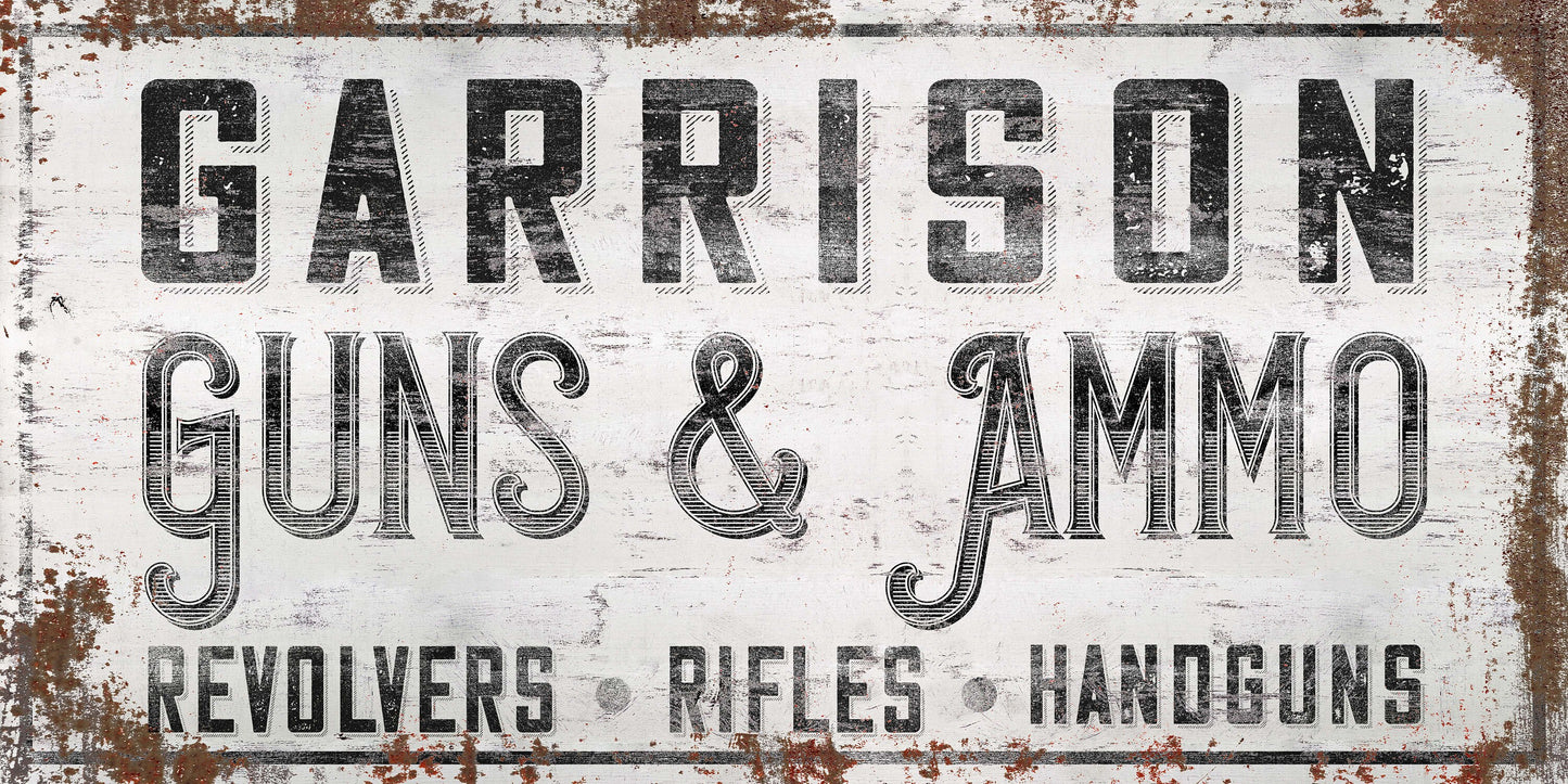 Personalized Sign, Guns and Ammo, Man Cave, Whiskey Bar, Gun Room, Custom Gun Sign, Cabin Decor, Canvas, Hunting Decor, Gunsmith, Gun Range