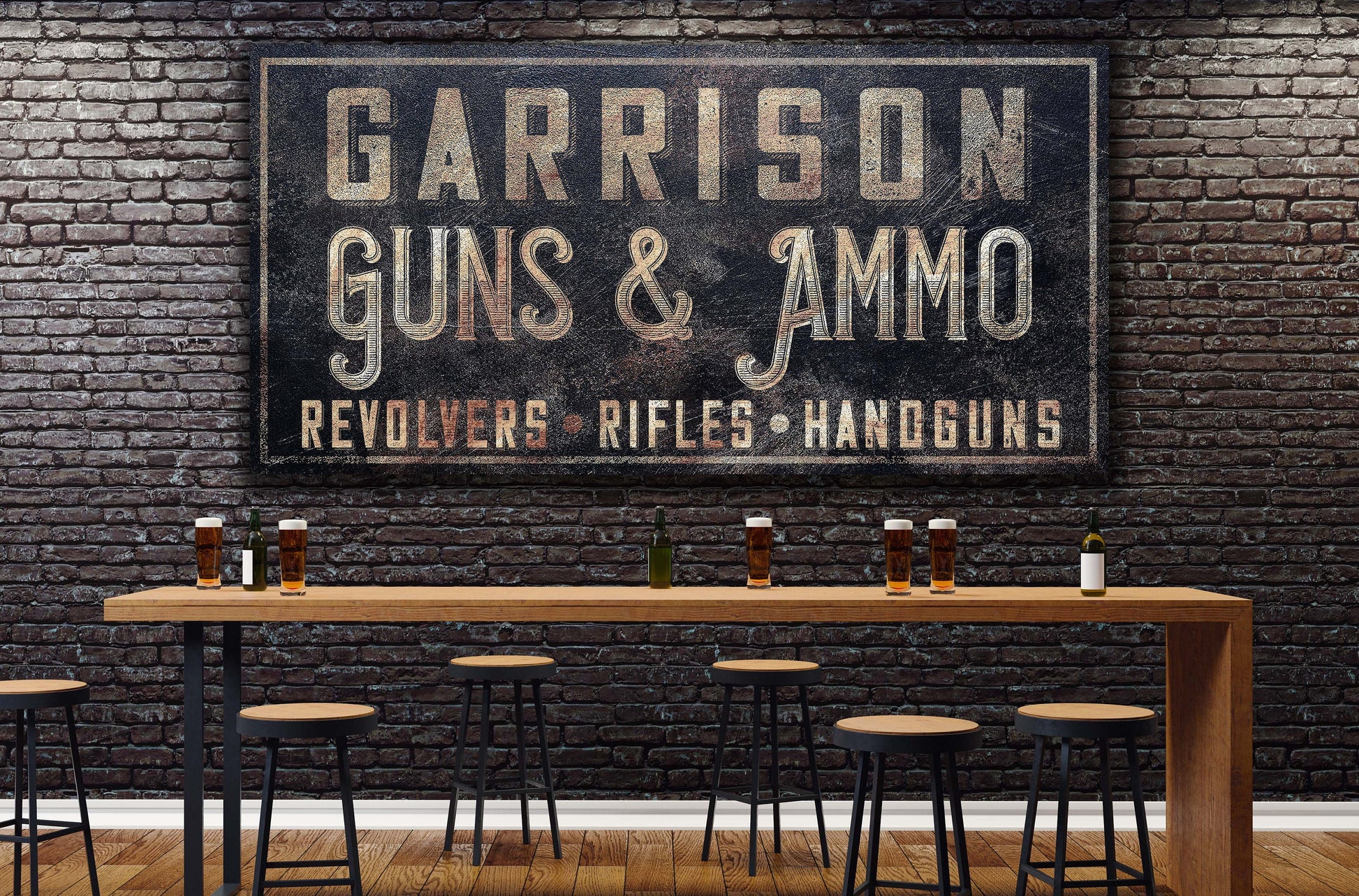 Custom Guns and Ammo Sign, Man Cave, Whiskey Bar, Sports Bar, Game Room Sign, Hunting Lodge, Canvas Print, Bar and Grill, Beer Bar