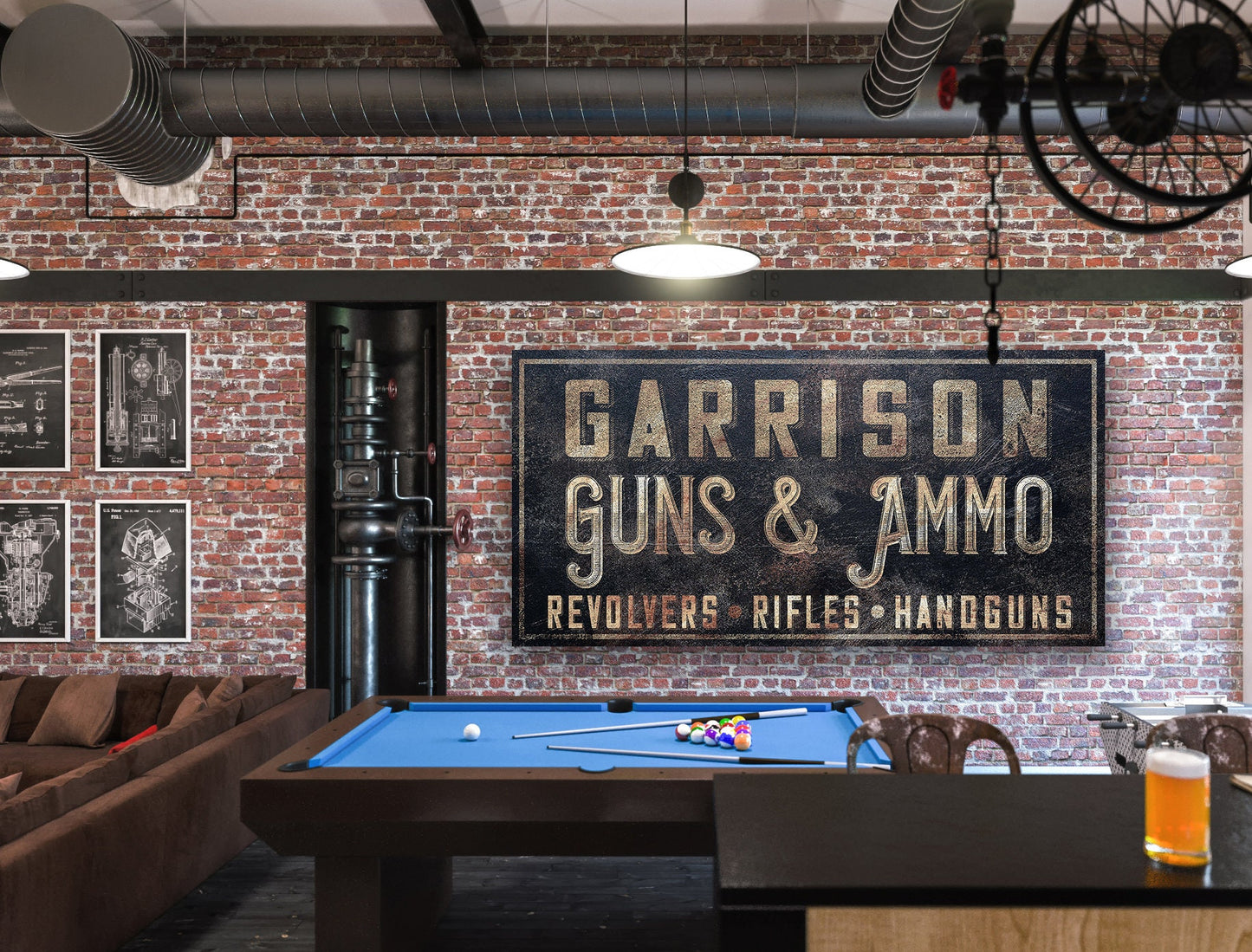 Custom Guns and Ammo Sign, Man Cave, Whiskey Bar, Sports Bar, Game Room Sign, Hunting Lodge, Canvas Print, Bar and Grill, Beer Bar