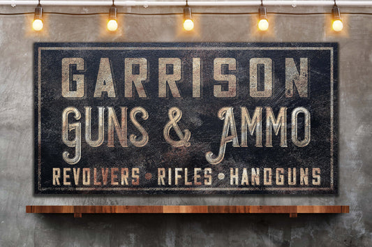 Custom Guns and Ammo Sign, Man Cave, Whiskey Bar, Sports Bar, Game Room Sign, Hunting Lodge, Canvas Print, Bar and Grill, Beer Bar