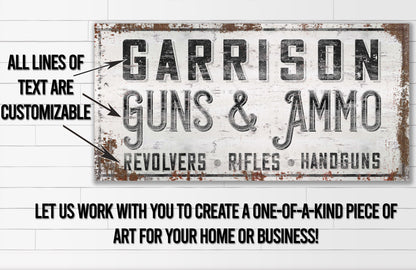 Personalized Sign, Guns and Ammo, Man Cave, Whiskey Bar, Gun Room, Custom Gun Sign, Cabin Decor, Canvas, Hunting Decor, Gunsmith, Gun Range