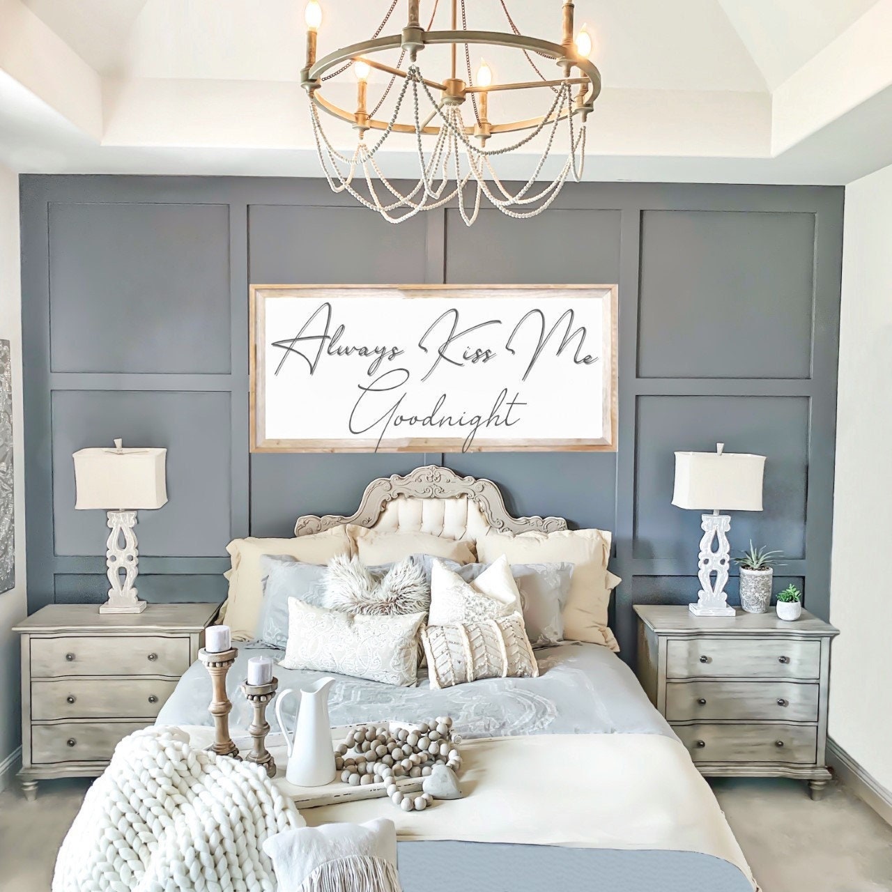 Always Kiss Me Goodnight Sign - Custom Canvas Printed Sign - Modern Farmhouse - Vintage - Barnwood Look - Modern Decor - Wedding Gift