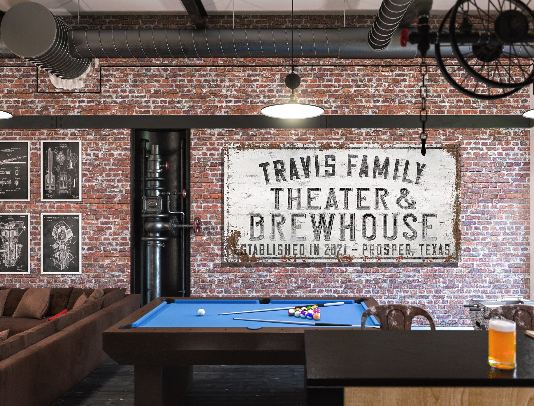 Custom Theater & Brewhouse Sign, Whiskey Bar Sign, Movie Room Sign, Canvas Print, Bar Decor, Media Room, Man Cave, Brewery