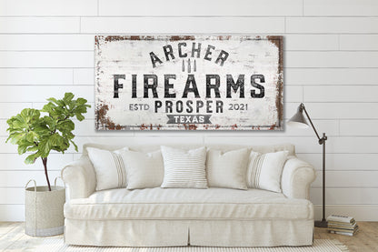 Personalized Sign, Guns and Ammo, Man Cave, Whiskey Bar, Gun Room, Custom Gun Sign, Cabin Decor, Canvas, Hunting Decor, Gunsmith, Gun Range